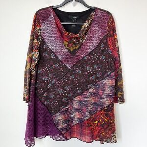Ali Miles Mixed Media Lace Patch Knit Tunic Top Cowl Neck 3/4 Sleeves XL